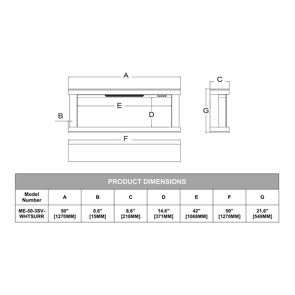 Skyline White Wall Mount Electric Fireplace line art